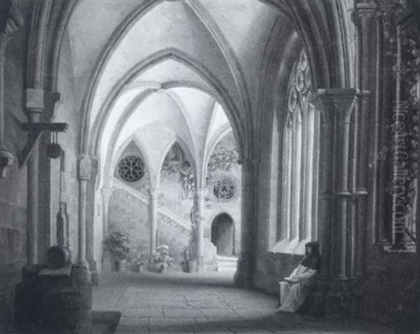 A Gothic Cloister Oil Painting by Josef Hoeger