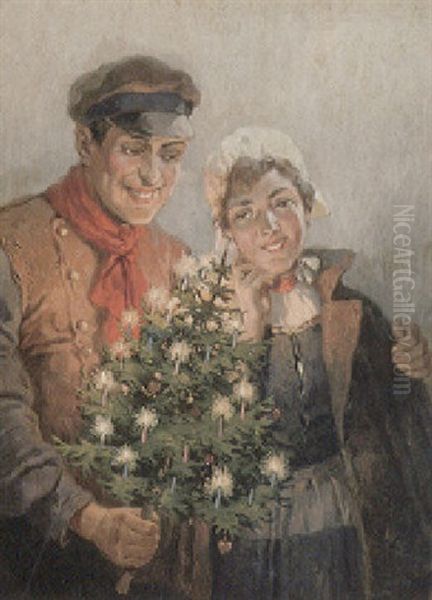 Nordisches Paar Mit Kleinem Weihnachtsbaum Oil Painting by Rudolf August Hoeger