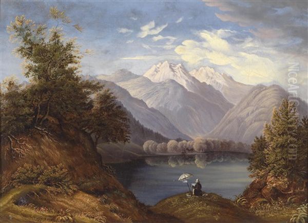 Maler Am Alpensee Oil Painting by Joseph Hoegg