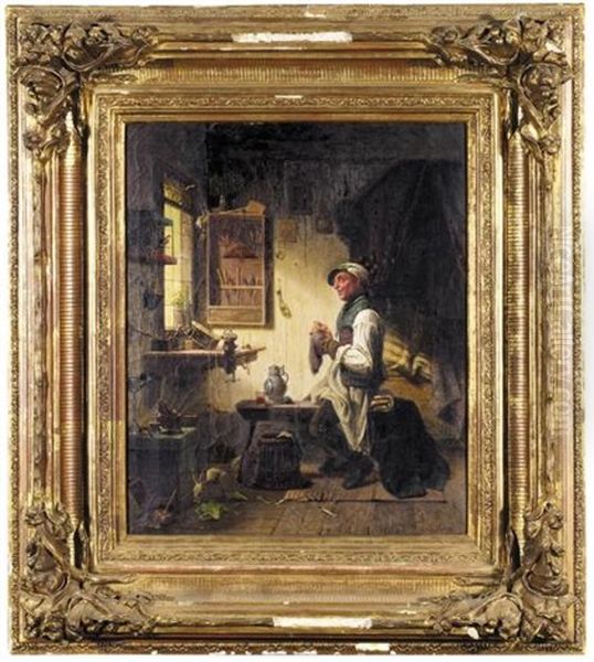 A Man In His Workshop Darning His Socks (ein Handwerker In Seiner Werkstatt Beim Strumpfestopfen) Oil Painting by Joseph Hoegg