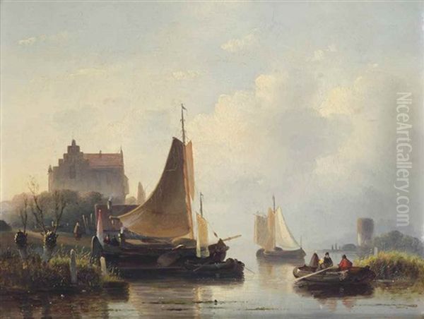 A Busy Day On The Riverbank Oil Painting by Cornelis Petrus T' Hoen