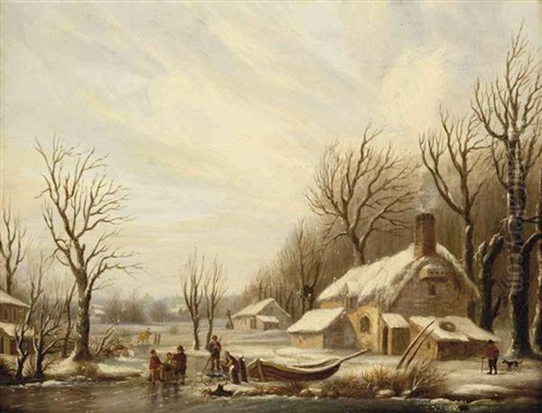 A Winter Landscape With Figures On A Frozen River By A House Oil Painting by Cornelis Petrus T' Hoen