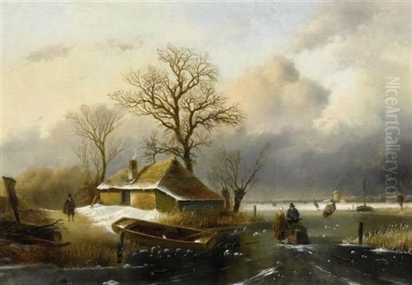 Winterlandschaft Mit Schlittschuhlaufern Auf Zugefrorenem Fluss Oil Painting by Cornelis Petrus T' Hoen