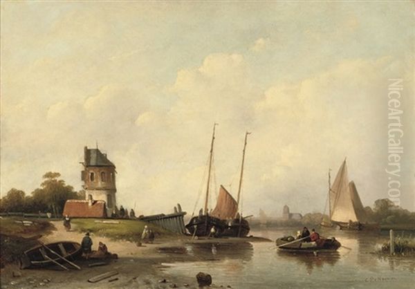 A Summer's Day On A Riverbank Oil Painting by Cornelis Petrus T' Hoen