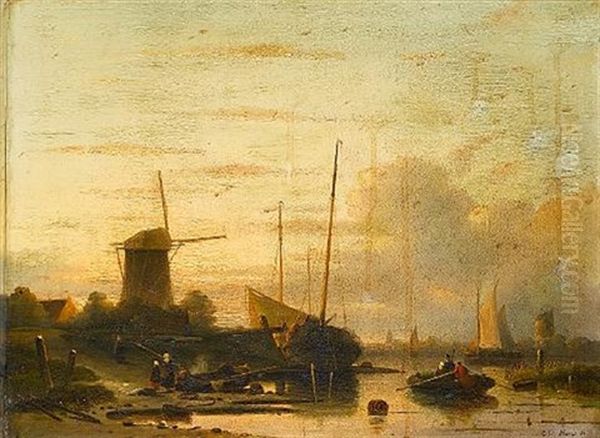 Dutch River Landscape Oil Painting by Cornelis Petrus T' Hoen