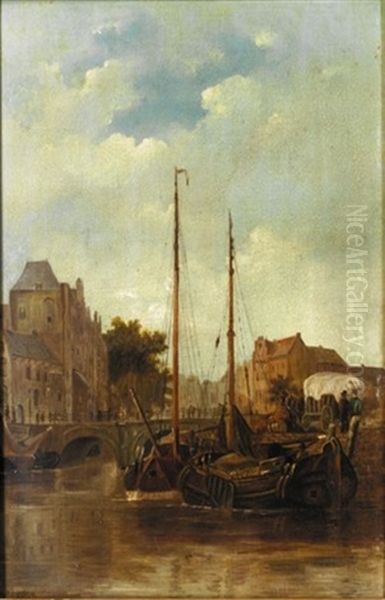 A Dutch Harbour Oil Painting by Cornelis Petrus T' Hoen