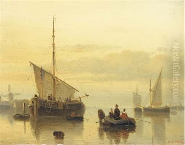 A Calm: Shipping In An Estuary At Dusk Oil Painting by Cornelis Petrus T' Hoen