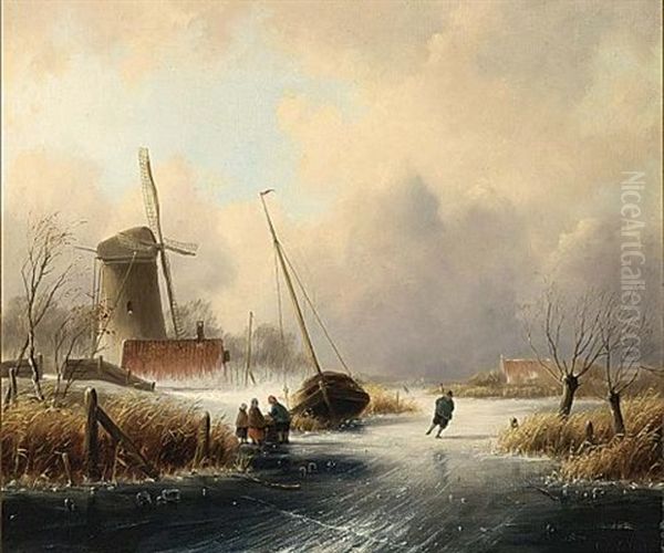 A Winter Landscape With Figures On The Ice Oil Painting by Cornelis Petrus T' Hoen