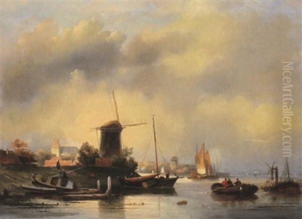 Hollandisches Stadtchen Am Wasser Mit Windmuhle Oil Painting by Cornelis Petrus T' Hoen