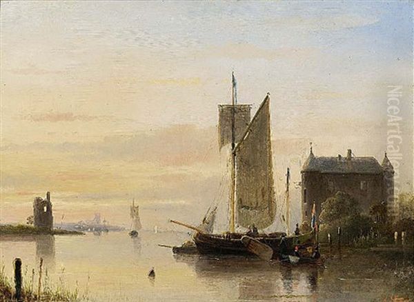 A River Landscape At Sunset Oil Painting by Cornelis Petrus T' Hoen