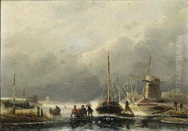 A Winter Landscape With Figures On The Ice Oil Painting by Cornelis Petrus T' Hoen