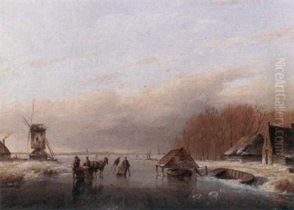 Dutch Winter Landscape Oil Painting by Cornelis Petrus T' Hoen