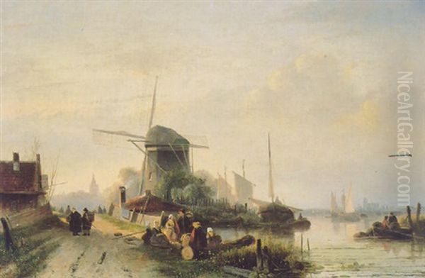 Figures In A River Landscape Near A Windmill Oil Painting by Cornelis Petrus T' Hoen