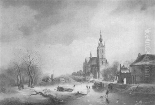 Winterlandschaft Mit Eislaufern Und Gotischer Kirche Oil Painting by Cornelis Petrus T' Hoen