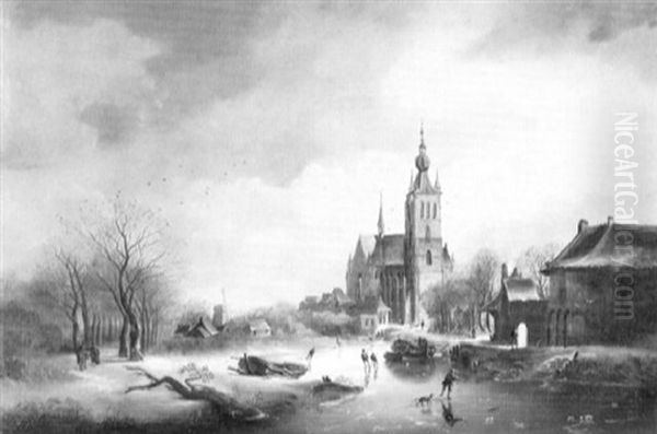 Winterlandschaft Mit Eislaufern Und Gotischer Kirche Oil Painting by Cornelis Petrus T' Hoen