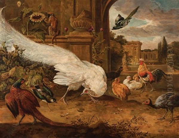 A White Peacock With Pheasant, Monkey And Other Animals In An Arcadian Setting Oil Painting by Mechoir de Hoendecoeter