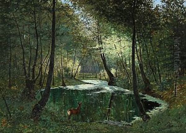 Deer Near A Lake In The Woods Oil Painting by Max Hoenow