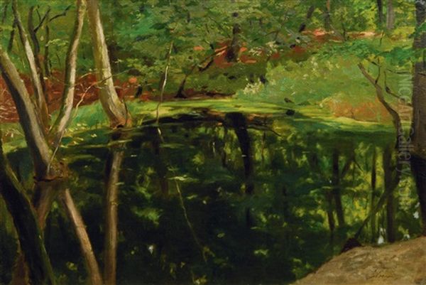 Lake In A Forest Oil Painting by Max Hoenow