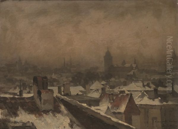 Toits En Hiver A Lierre Oil Painting by Jean De La Hoese