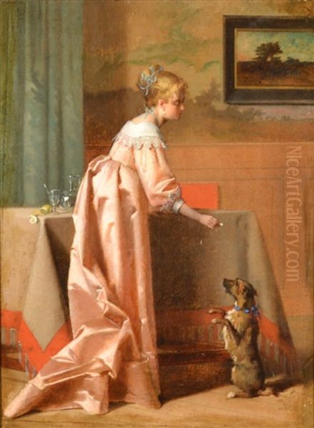 Woman With Her Dog Oil Painting by Jean De La Hoese