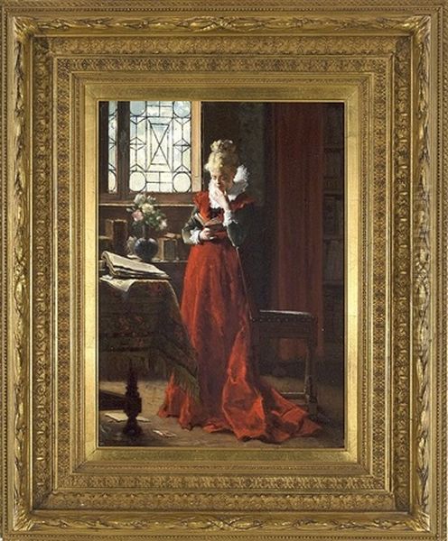 A Lady In Red Oil Painting by Jean De La Hoese