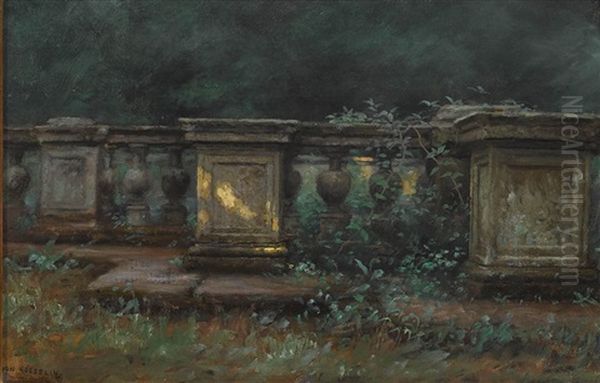 Im Park. Balustrade Von Pflanzen Uberwuchert Oil Painting by George Von Hoesslin