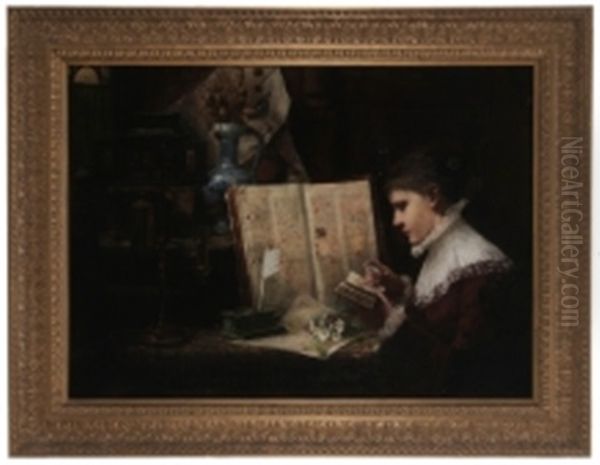 Woman Studying Manuscripts Oil Painting by George Von Hoesslin