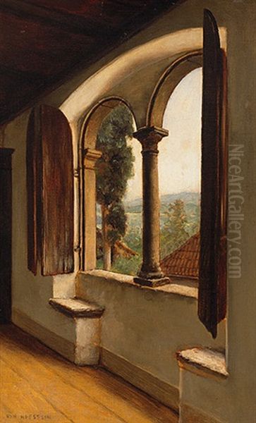 Blick Durch Das Bogenfenster Eines Palazzos In Hugelige Landschaft Oil Painting by George Von Hoesslin