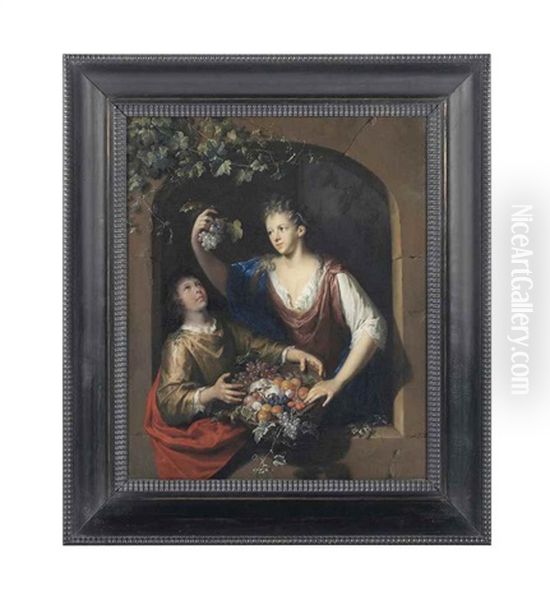 A Lady Holding Grapes, And A Boy With A Basket Of Fruit, In An Architectural Niche Oil Painting by Gerard Hoet the Elder