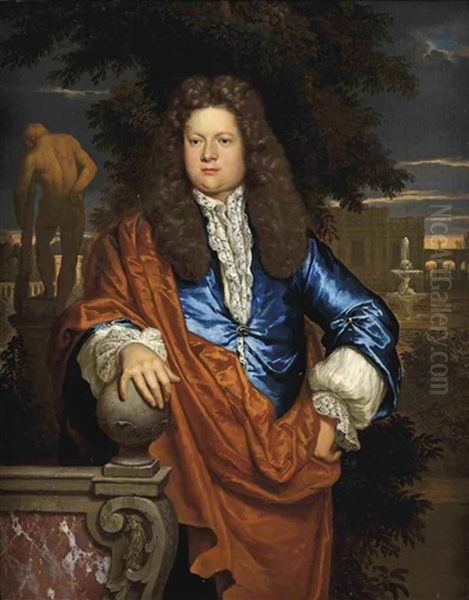 Portrait Of A Gentleman, In A Blue Velvet Jacket With An Ochre Wrap, Standing In A Park Landscape With The Statue Of The Farnese Hercules Beyond Oil Painting by Gerard Hoet the Elder