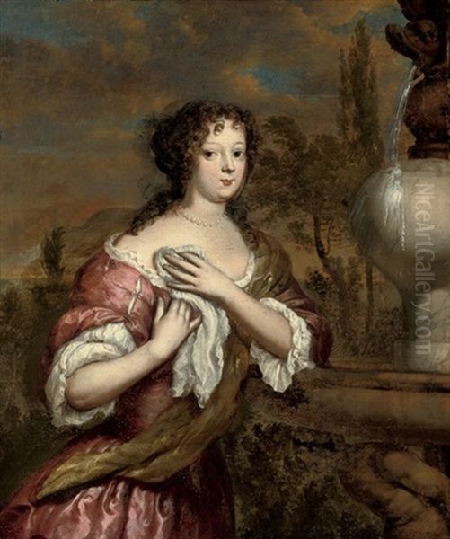 Portrait Of A Lady In A Pink Dress And White Chemise, By A Classical Fountain Oil Painting by Gerard Hoet the Elder