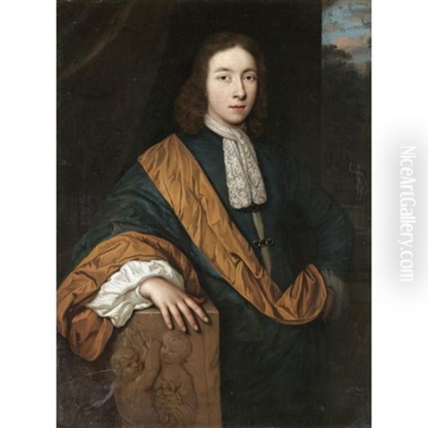 Portrait Of A Gentleman, Three-quarter Length, Wearing A Blue Cloak With A Yellow Sash Oil Painting by Gerard Hoet the Elder