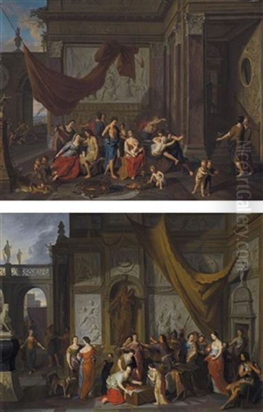 Achilles And The Daughters Of Lycomedes (+ A Classical Scene With Figures Feasting; Pair, Collab. W/studio)) Oil Painting by Gerard Hoet the Elder