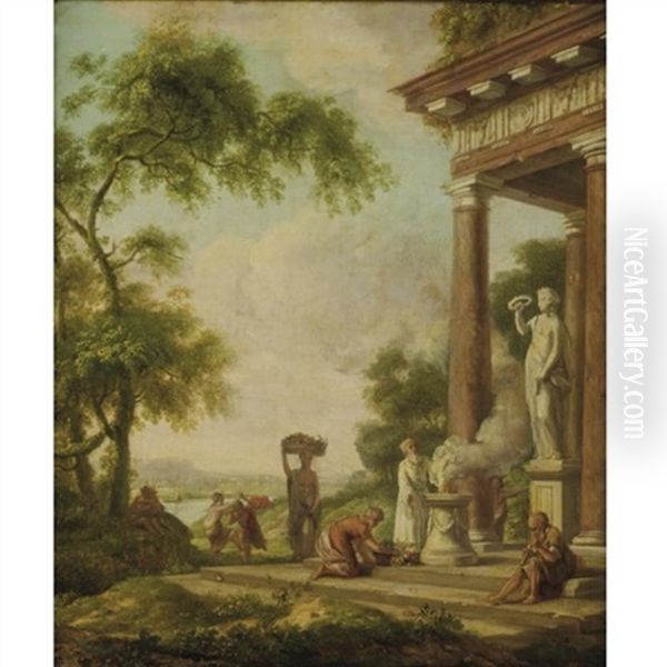 Classical Landscape With A Priest Making A Sacrifice Oil Painting by Gerard Hoet the Elder