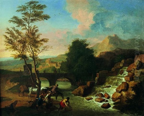 Paysans Et Leur Monture Pres D'une Riviere Oil Painting by Gerard Hoet the Elder