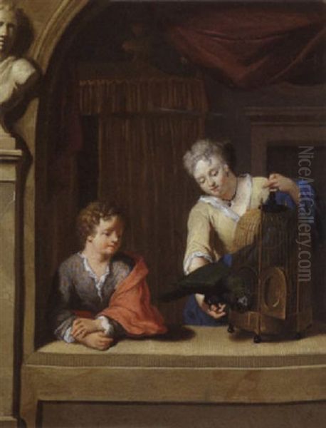 Deux Enfants Jouant Avec Un Perroquet Dans L'embrasure D'une Fenetre Oil Painting by Gerard Hoet the Elder