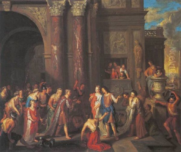 Esther Being Presented By Mordecai To King Ahasuerus Oil Painting by Gerard Hoet the Elder