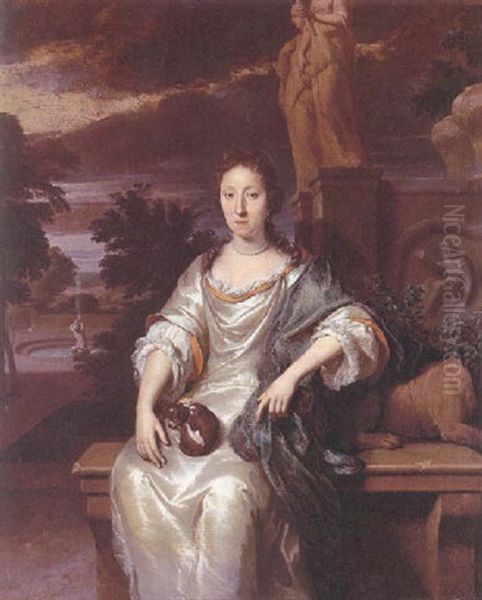 Portrait Of A Lady In A White Dress With A Lap Dog, Sitting In A Landscape Oil Painting by Gerard Hoet the Elder