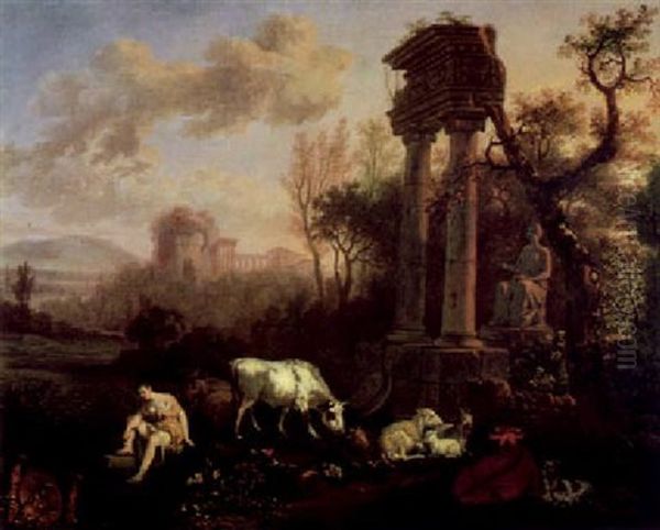 Hirtin Mit Herde In Einer Landschaft Mit Antiken Ruinen Oil Painting by Gerard Hoet the Elder