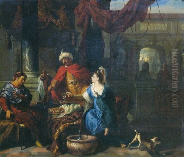 Haman Before Ahasuerus And Esther Oil Painting by Gerard Hoet the Elder