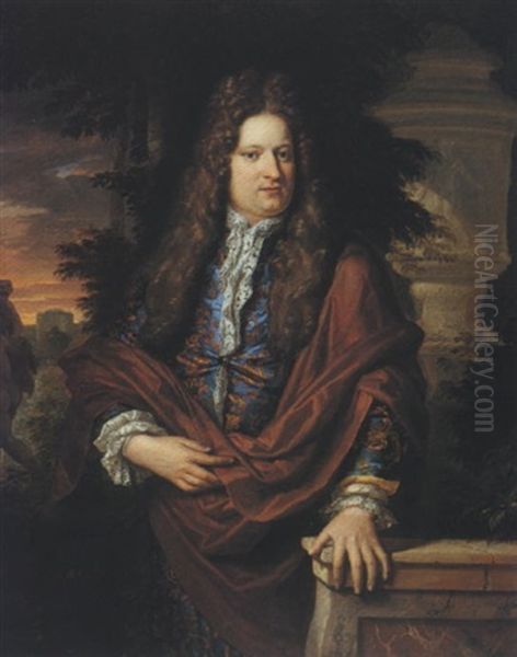 Portrait Of A Gentleman In A Blue Coat And A Maroon Cloak, His Hand Upon A Marble Balustrade Oil Painting by Gerard Hoet the Elder