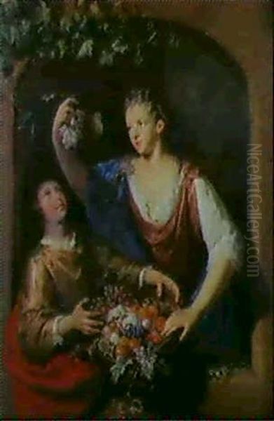 A Young Woman At A Window Holding A Bunch Of Grapes Aloft   Which She Has Selected From A Basket Of Assorted Fruit... Oil Painting by Gerard Hoet the Elder