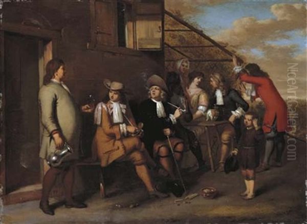 Elegant Company Smoking And Drinking Outside An Inn Oil Painting by Gerard Hoet the Younger