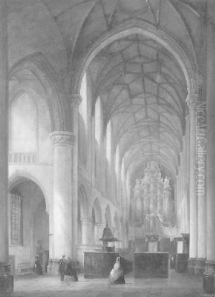 Elegant Figures In A Church Interior by Antonij Hoeting