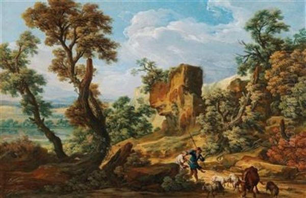 A Southern Landscape With Shepherds And Their Flock Oil Painting by Johann Samuel Hoetzendorf