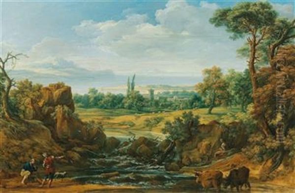 A Wide Southern Landscape Oil Painting by Johann Samuel Hoetzendorf