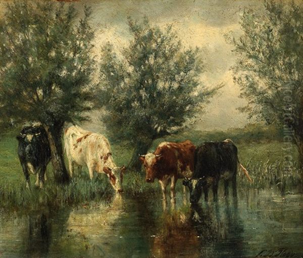 Cows By A Lake Oil Painting by Cornelis Willem Hoevenaar the Younger