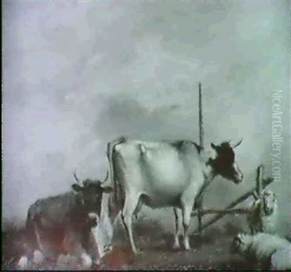 Zwei Kuhe Und Zwei Schafe Auf Einem Wiesenstuck Vor Einem   Plankenzaun Oil Painting by Adrianus Hoevenaar