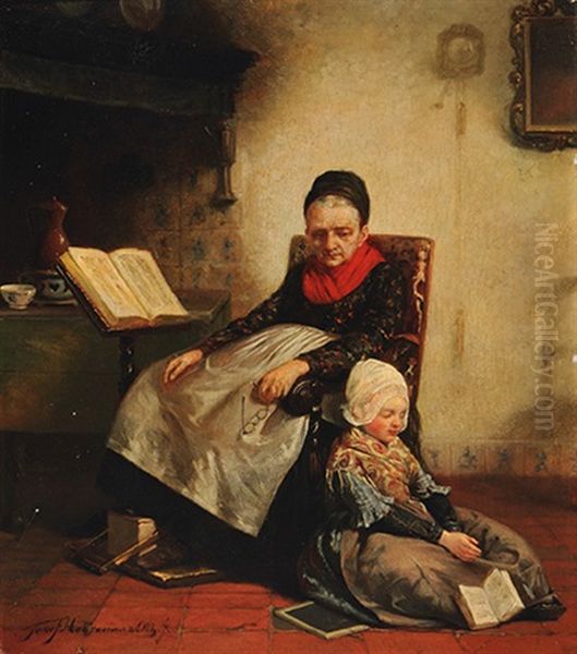 Reading Together Oil Painting by Jozef Willemszoon Hoevenaar