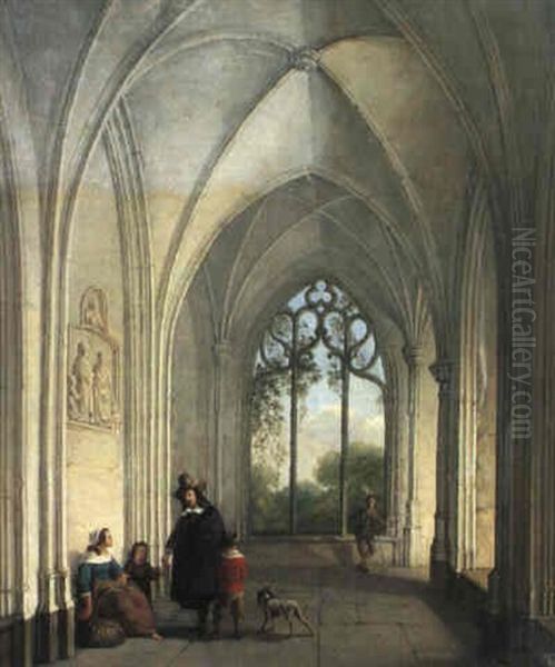 Gotischer Kreuzgang Mit Figurenstaffage Oil Painting by Willem Pieter Hoevenaar